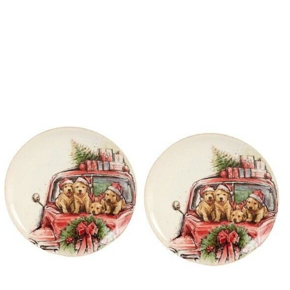 Southern Living Christmas Holiday Golden Retriever Lab PuppiesIn Truck Plate Set